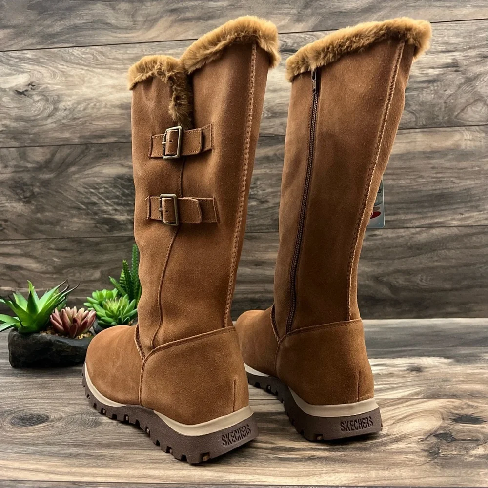 NIB Skechers Grand Jams Snowdrop Mid Calf Winter Boots Chestnut Suede - Picture 7 of 12